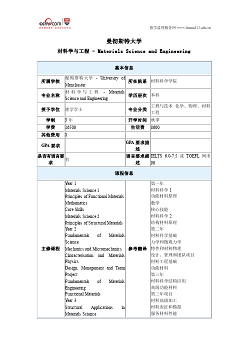 曼彻斯特大学材料学与工程本科专业