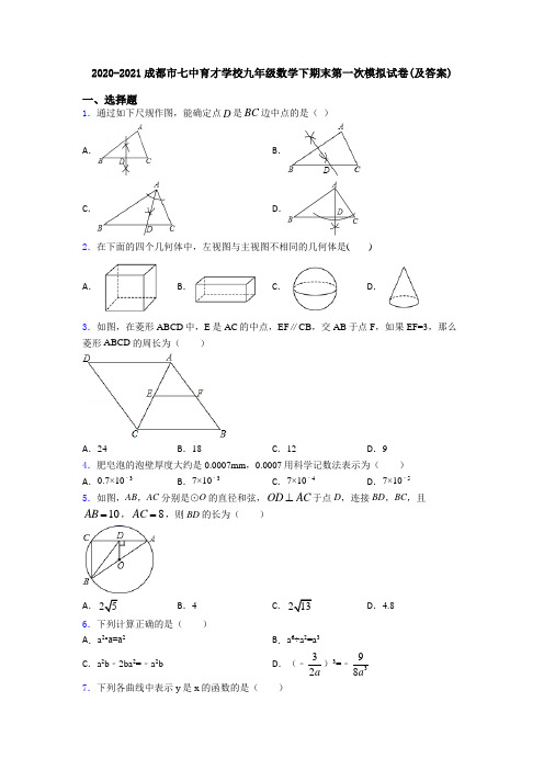 2020-2021成都市七中育才学校九年级数学下期末第一次模拟试卷(及答案)