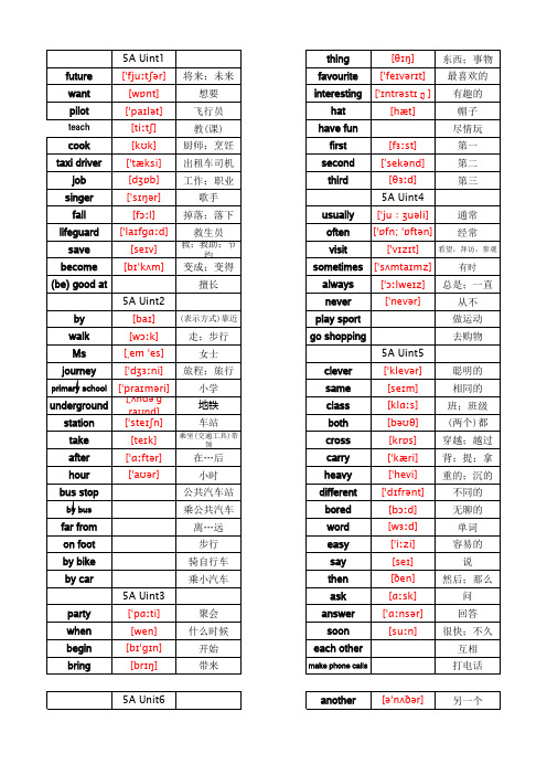 深圳小学五年级上册单词表(带音标)