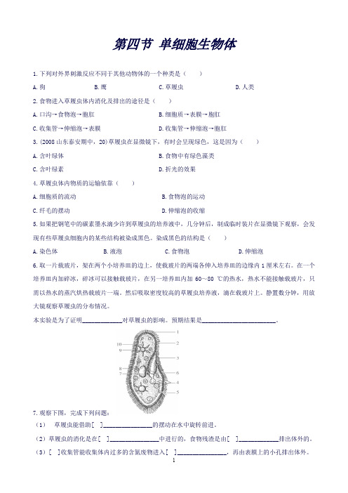 冀教版.七年级生物上册同步练习：1.2.4《单细胞生物体》(习题2带答案)