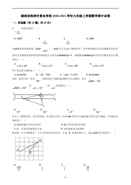 湖南省株洲市景炎学校2020-2021学年九年级上学期数学期中试卷