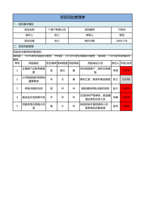 项目风险管理表模版