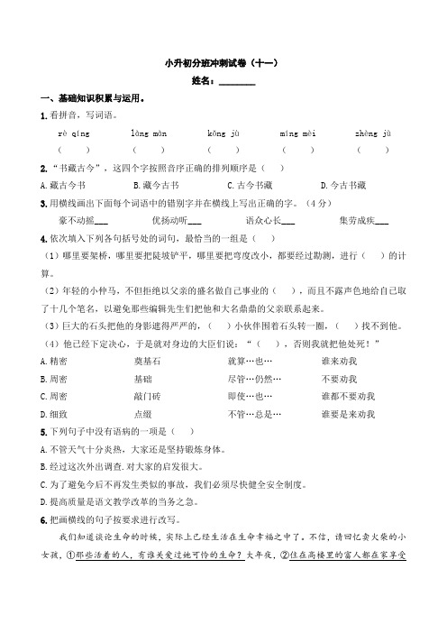 小升初分班冲刺试卷语文六年级下册(十一)学生版