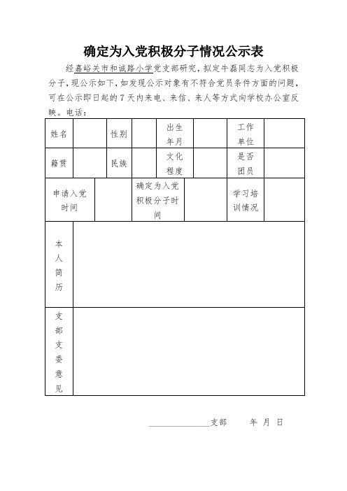 确定为入党积极分子情况公示表