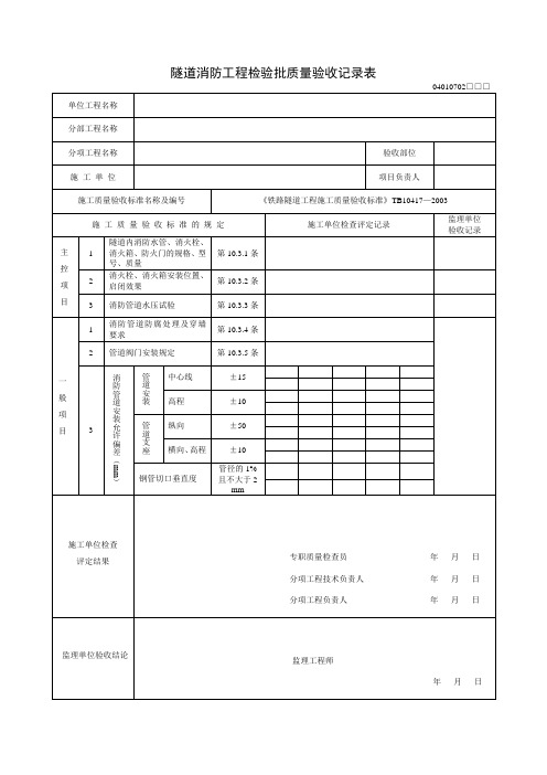 隧道消防工程检验批质量验收记录表及填写指南