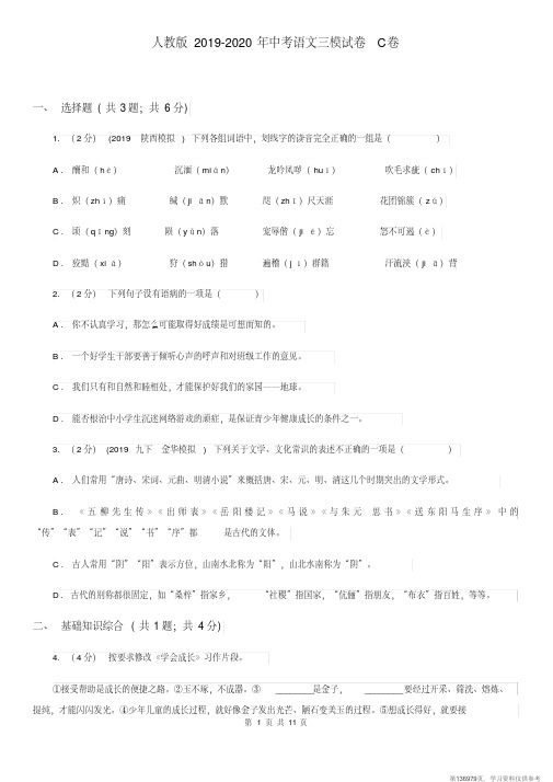 (精品文档)人教版2019-2020年中考语文三模试卷C卷