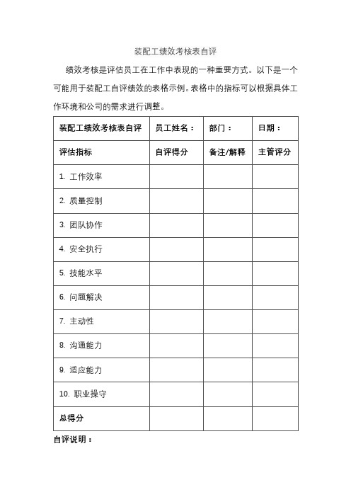 装配工绩效考核表自评