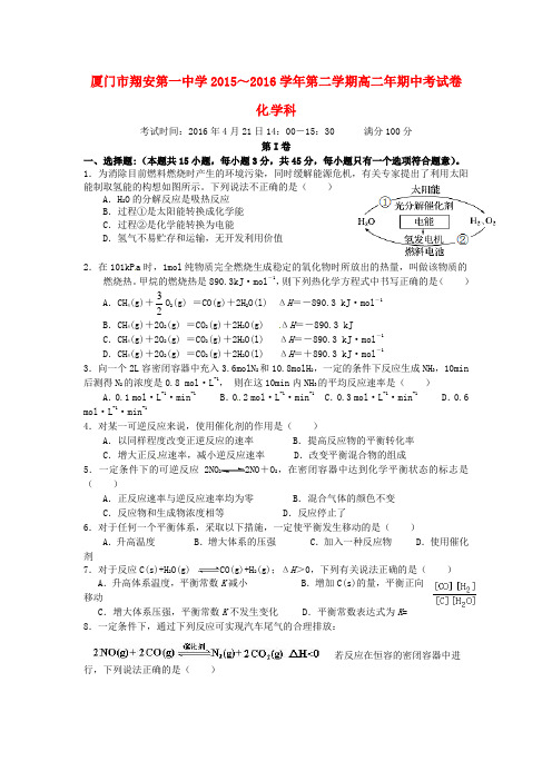 福建省厦门市2015-2016学年高二化学下学期期中试题