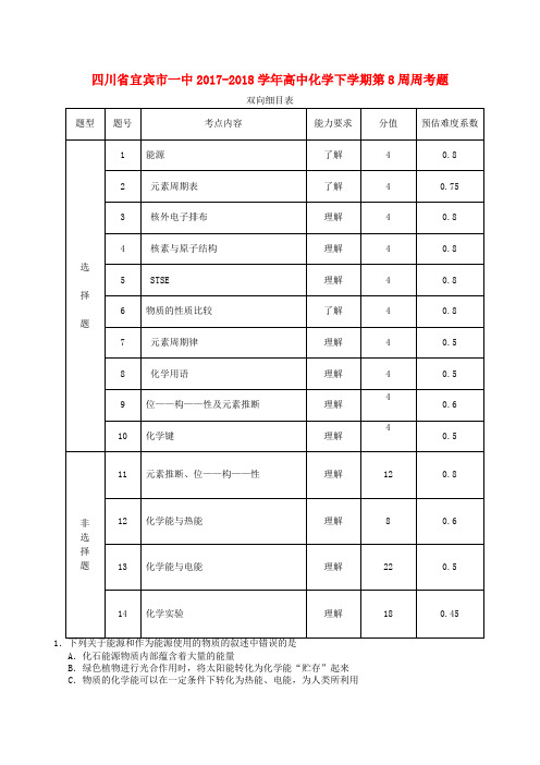 四川省宜宾市一中2017-2018学年高中化学下学期第8周周考题(答案不全)