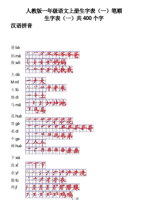 人教版一年级语文上册生字表笔顺表