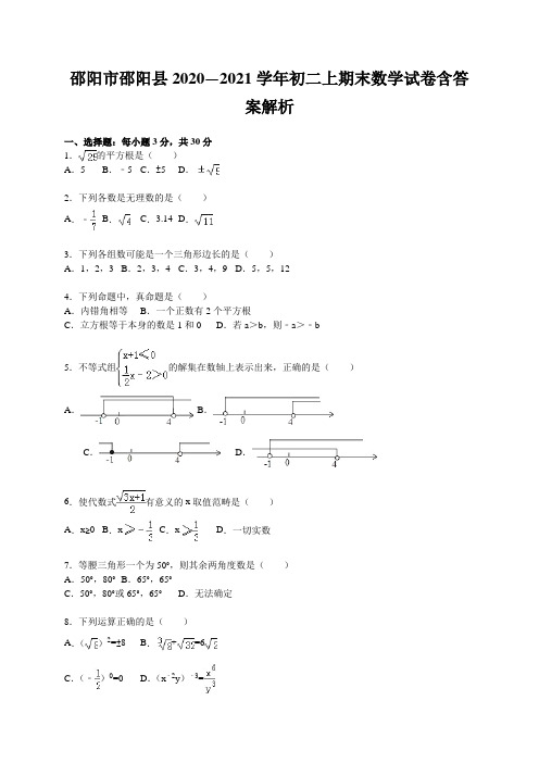 邵阳市邵阳县2020—2021学年初二上期末数学试卷含答案解析