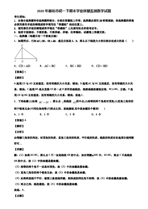 2020年廊坊市初一下期末学业质量监测数学试题含解析