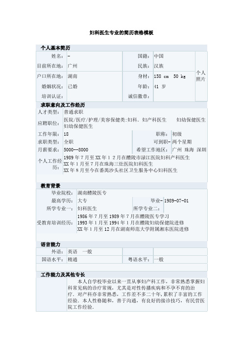 妇科医生专业的简历表格模板