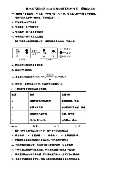 【附20套中考模拟试卷】北京市石景山区2020年九年级下综合练习二模化学试卷含解析