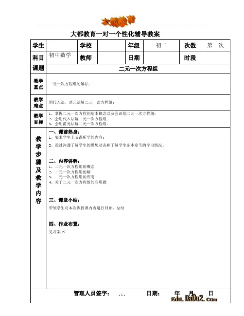 一对一个性化辅导教案 初中数学 二元一次方程组