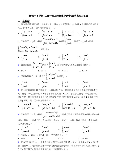 新初一下学期 二元一次方程组数学试卷(含答案)word版