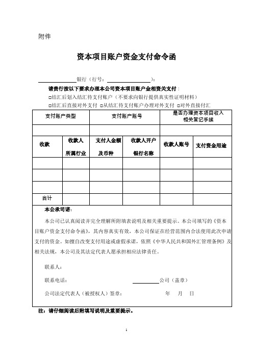 资本项目账户资金支付命令函