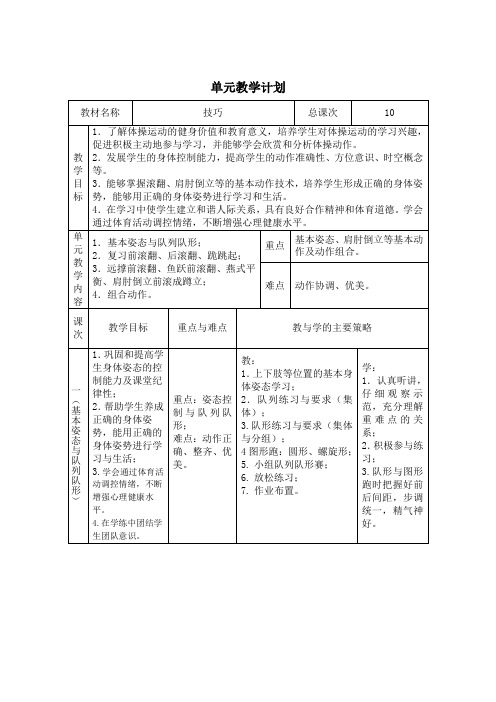 体育-初中体操技巧：肩肘倒立教学设计、教案及单元计划表