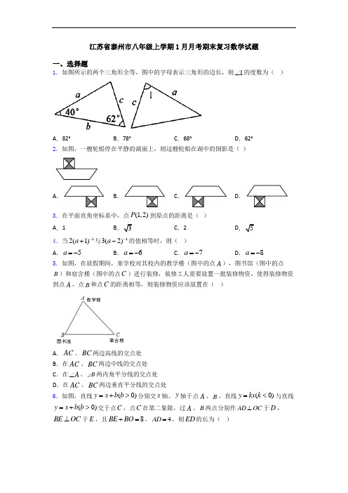 江苏省泰州市八年级上学期1月月考期末复习数学试题