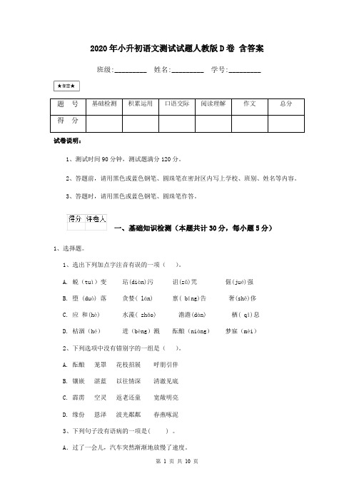 2020年小升初语文测试试题人教版D卷 含答案