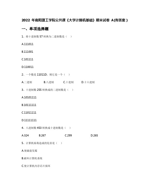 2022年南阳理工学院公共课《大学计算机基础》期末试卷A(有答案)