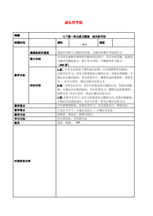 2019年中考道德与法治一轮复习七上第一单元成长的节拍教案6