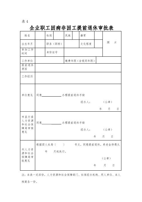 企业职工因病非因工提前退休审批表