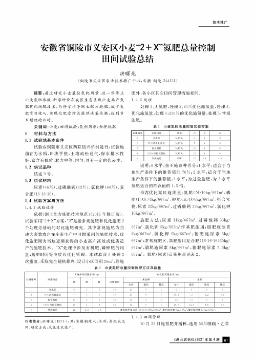 安徽省铜陵市义安区小麦“2+X”氮肥总量控制田间试验总结