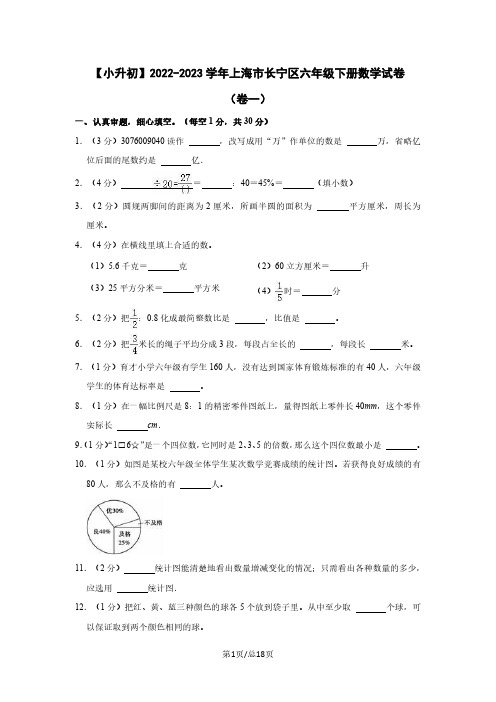 【小升初】2022-2023学年上海市长宁区六年级下册数学试卷(卷一)含解析