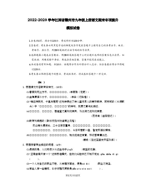 2022-2023学年江西省赣州市九年级上册语文期末专项提升模拟试卷(含解析)