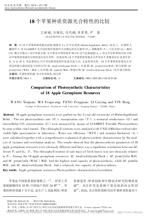 18个苹果种质资源光合特性的比较_王新娟