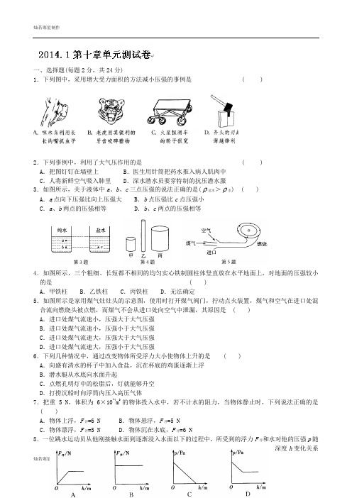 苏科版物理八年级下册第十章《压强和浮力》：单元测试卷