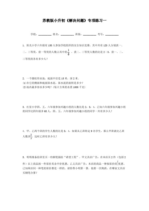 苏教版六年级数学小升初《解决问题》专项练习一(含答案)