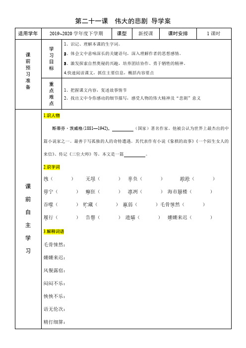 人教部编版七年级下册语文第21课《伟大的悲剧》导学案设计(无答案)