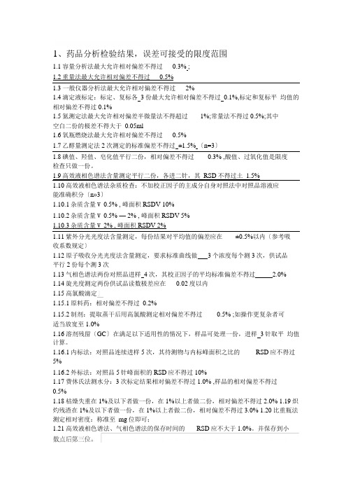 药品分析检验结果,误差可接受的限度范围