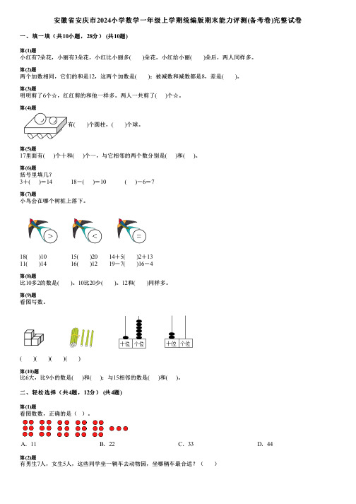 安徽省安庆市2024小学数学一年级上学期统编版期末能力评测(备考卷)完整试卷