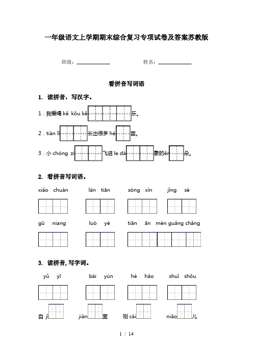 一年级语文上学期期末综合复习专项试卷及答案苏教版