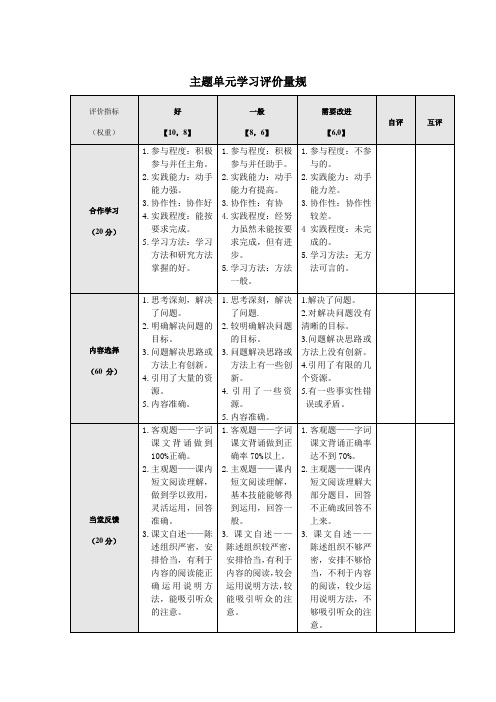 主题单元学习评价量规