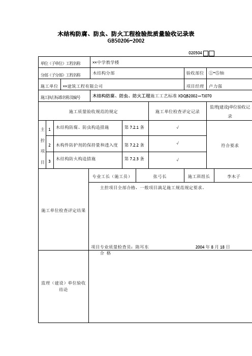 【工程文档】木结构防腐、防虫、防火工程检验批质量验收记录表 (2)