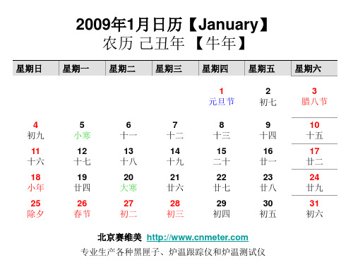 2009年1月日历【January】农历己丑年【牛年】