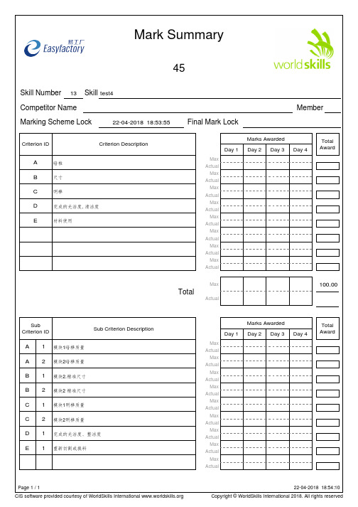 世界技能大赛带特征细则的评分表-样表