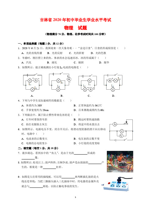 2020年吉林省中考物理试题及参考答案(word解析版)