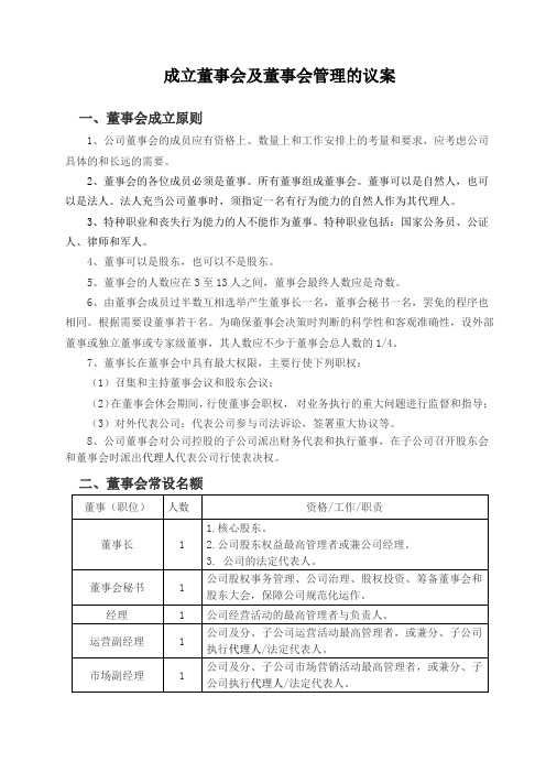 成立董事会及董事会管理的议案