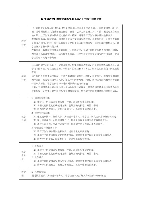 《1文房四宝》教学设计苏少版(2024)书法三年级上册