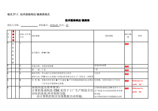 技术规格响应偏离表格式