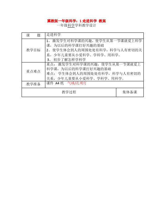 最新冀教版一年级科学：1走进科学 教案