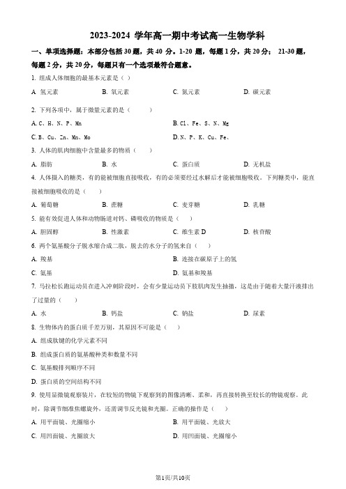 2023-2024学年高一上学期期中生物试题及答案(必修一)