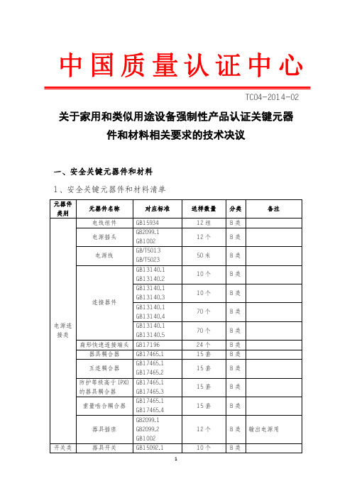 TC04-2014-02 关于家用和类似用途设备强制性产品认证关键元器件和材料相关要求的技术决议