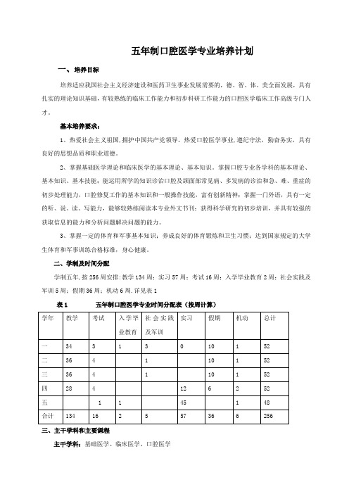 五年制口腔医学专业培养计划