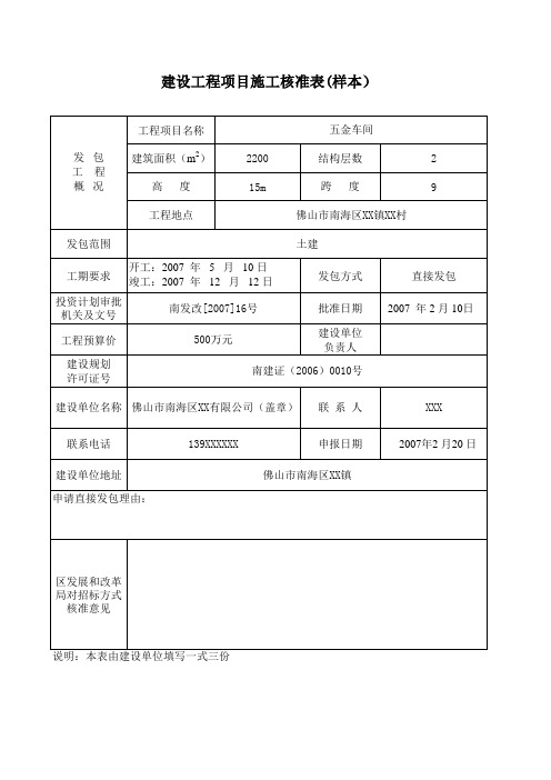 建设工程项目施工核准表样本